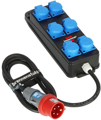 Brennenstuhl Portabler Stromverteiler BSV P 2m | 6x 230V/16A Steckdosen, CEE 400V/16A Stecker, Baustelleneinsatz und ständigen Einsatz im Freien IP44, Made in Germany