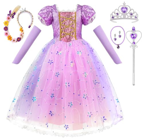 AOOWU 7 Pièces Enfant de Princesse, Costume Princesse avec Princess Wig,Crown,Wand,Necklace, Earrings and Sleeves, Violet Couronne Tulle Maxi Costume Carnaval Enfant pour Halloween Noël Cosplay, 130