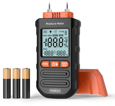 YOWEXA Moisture Meter, 4 Measurement Ranges Wood Moisture Meter with Ambient Temperature & Humidity Detection, Damp Meter for Wood, Herbs, Paper Products, with Maximum Measurement Mode/LCD Display