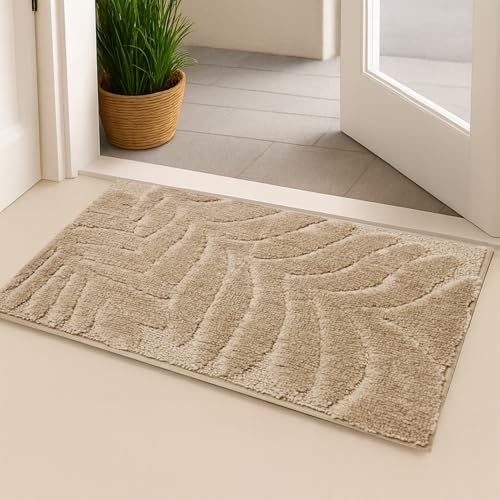 KSSKEN 50x80cm Tapis d’Intérieur Antidérapant et Absorbant, Tapis en Microfibre Douce et Lavable Attrape-Poussière pour Cuisine, Salle de Bain et Entrée Intérieure, Adapté aux Animaux (Beige, À Motif)