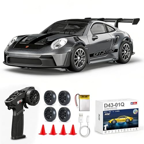 ARRIS 1/43 Scale RC Drift Car, Mini 911 RC Model Car 2.4GHz 4WD RC Alloy Vehicles with Gyro for LED Lights for Adults Hobby Toys (Grey)