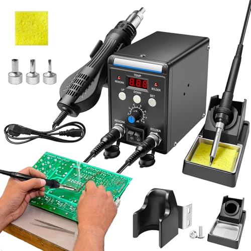2-in-1 Professional Soldering Iron Kit, 700W Soldering Iron Station Kit with Hot Air Gun, 2 Helping Hands, Auto Sleep Mode, Quiet Brushless Fan, Temperature Control, Digital Rework Station, Black