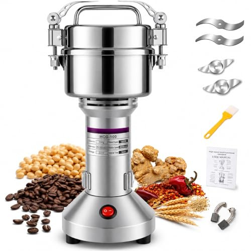 Royal Swiss® Moulin Électrique 850W – Broyeur à Grains & Épices en Inox | Moulin à Céréales, Café, Farine, Herbes | Haute Vitesse, Lames 3 Couches, Sécurité Anti-Surcharge (150g)