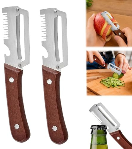 3-in-1 Pelador Verduras Multifunción 2pcs,inoxidable ultraafilada y mango de madera ergonómico,cortador de cebolla verde y abridor de botellas,para pelar frutas, calabazas, patatas, zanahorias.