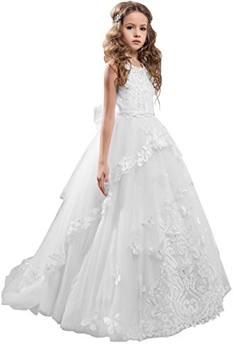 Flower Girl Dress Kids Lace Beaded Pageant Ball Gowns (Size 8, B White)