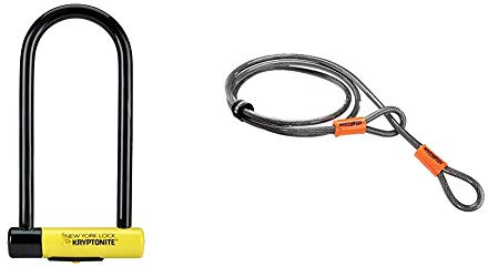 Kryptonite New York LS Fahrradschloss, robust, U-Form, unisex, SperrenSchloss, GK002161, gelb, Long Shackle & Schlaufenkabel Krypto Flex 120 cm, ⌀10 mm, grau