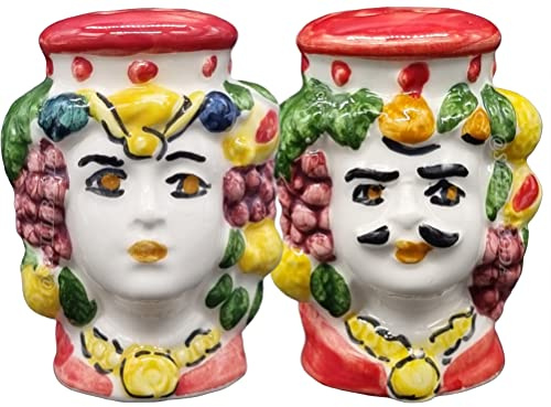 sicilia bedda - Set Sale e Pepe in Ceramica di Caltagirone - Teste di Moro Varie colorazioni - Cm 7 (Rosso)