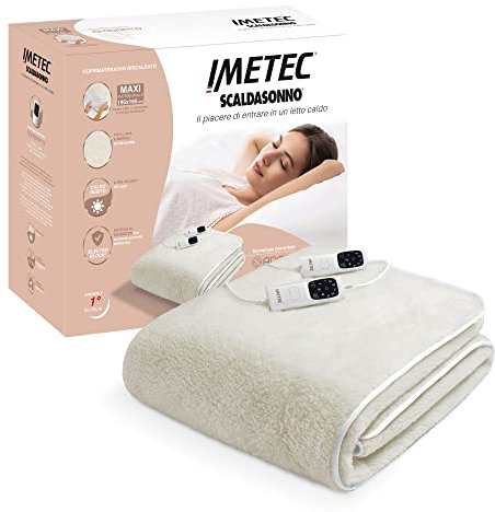 Imetec Adapto Maxi Spann-Wärmeunterbett für Doppelbett, 195x165 cm, niedriger Stromverbrauch, schnelle Erwärmung, individuelle Temperatur, 100 % Wolle und Merinowolle, Doppelsteuerung, 6 Temperaturen