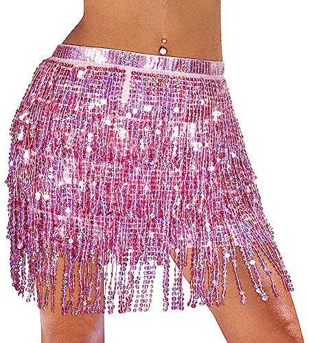 Monbessi Paljettkjol för kvinnor söt tofs magdans kjol glitterkjol för kvinnor och flickor festival dans framträdande, Rosa, en storlek