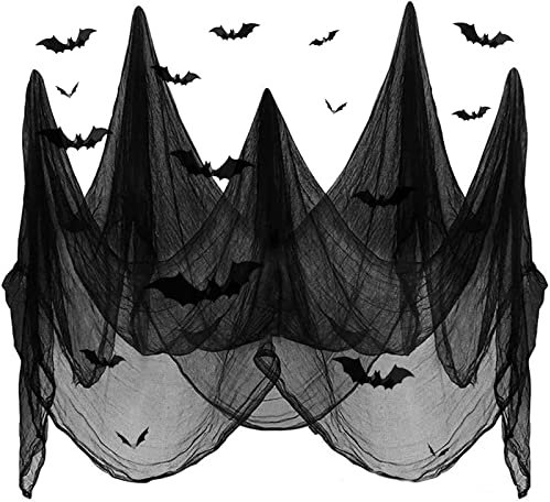 SHIYOUO Halloween Decorazioni, 12 Pezzi Pipistrello Falso 3D Neri, 1 Pezzi Ragnatele Neri, Ragnatela Nera Filato di Cotone Festa di Halloween Decorazioni Horror Casa Infestata per Interni ed Esterni