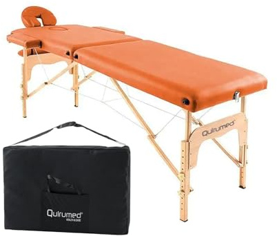 Quirumed Lettino da massaggio pieghevole in legno Easy, colore arancione, 186 x 66 cm, Lettino da massaggio, Massaggio fisioterapico, similpelle, poggiatesta articolato, altezza regolabile, 2 corpi