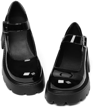 AOSPHIRAYLIAN Mary Janes Platform Mary Janes for Women Round Toe Dress Shoes for Women Ankle Strap Chunky Heel Uniform Women's Pumps Black Patent