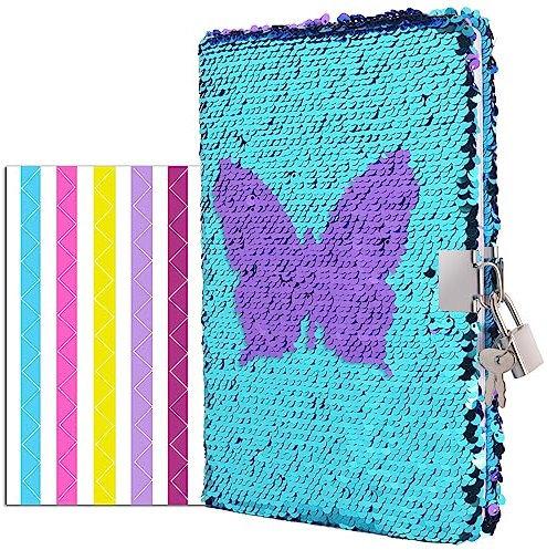 VIPbuy Diario mágico reversible de lentejuelas forrado diario de viaje con cerradura y llave para niños y niñas, tamaño A5 (8.5 x 5.5 pulgadas), 78 hojas (mariposa)