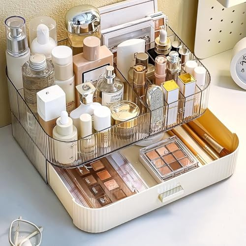 Decorcode Makeup Organizer with Drawer, Stackable Cosmetic Organizer for Vanity and Bathroom Countertop, Clear Storage for Perfume, Skincare, Lipstick and Brushes, Cream White