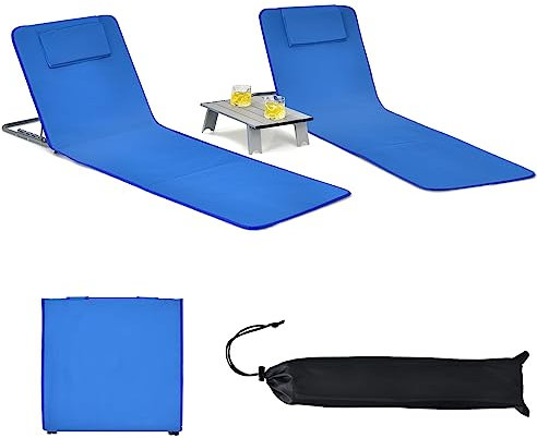KOMFOTTEU 2er Set Strandmatte mit Tisch, Kopfkissen & Tasche, 3-teiliges Badematten Set, Strandliege mit 5-Fach verstellbare Rückenlehne, klappbare Sonnenliege für Pool Strand Terrasse (Blau)