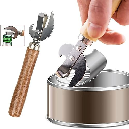 2 Abre Latas y Sacacorchos Abridor Tradicional de Acero Inoxidable con Mango de Madera, Adecuado para Cocinas, Reuniones Familiares y Comidas Diarias
