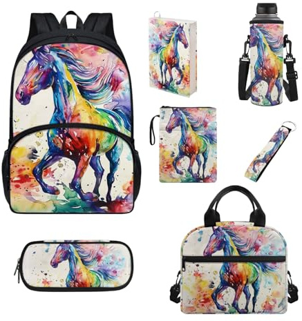 Howilath Schultaschen-Set für Jungen und Mädchen, großer Rucksack, Lunch-Tasche, Federmäppchen, Schulbedarf, Aquarell-Pferd
