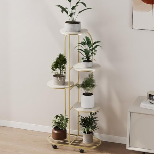 Pflanzenregal Metall Blumenständer Blumenständer auf Rollen, Mehrstöckig Blumenständer Pflanzenständer Blumenbank Blumentreppe für Patio Garten Ecke Balkon, Wohnzimmer (Color : Gold, Size : 5 Floors