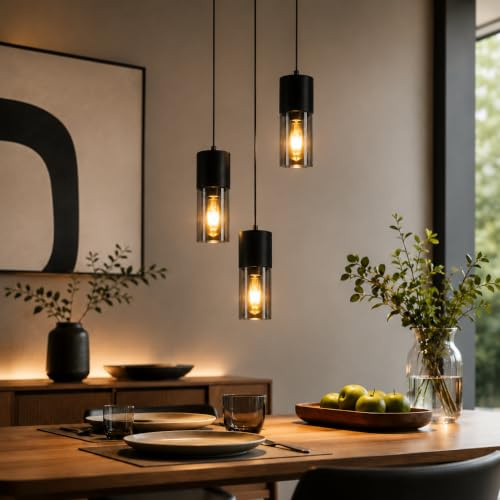 Lichtmaler Pendelleuchte Esstisch Hängeleuchte Schwarz Hängelampe 3 Flammig | Glas Rund LED Esstischlampen E27 Vintage Lampenschirm Leuchte für Esszimmer Schlafzimmer Treppe