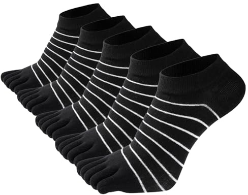 FEOYA tåstrumpor dam sneakers sport fingerstrumpor bomull ränder 5 par korta strumpor yoga 36–41, Svart x 5, One Size
