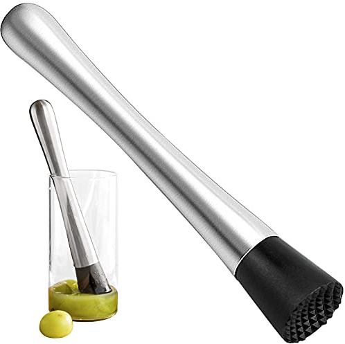 NathrBTV Cocktail Muddler Stainless Steel 21cm Mojito Masher with Grooved Nylon Head Bar Stick Fruit Mixer