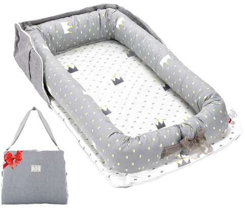 Loevin Baby Lounger for Newborns & Infants 0–24 Months, 100% Cotton Breathable Infant Support Cushion with Adjustable Size, Portable Baby Nest for Home and Travel, Baby Shower Gift(Crown Grey)