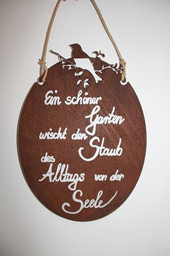 Gartenschild aus Metall Edelrost in ovaler Form mit Aufdruck Ein schöner Garten wischt den Staub des Alltags von der Seele