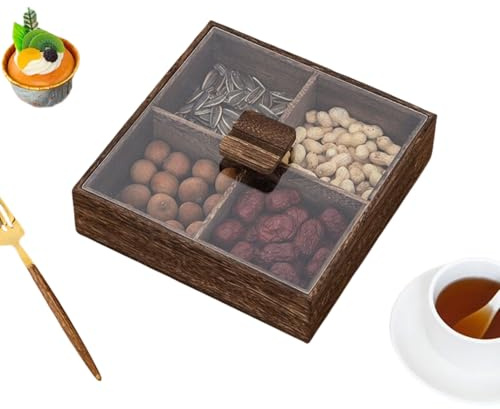 MMCCHB Wooden partitioned Dried Fruit Box with lid, 4-Panel Dried Fruit Tray, nut Candy Snack Storage Box, Desktop Living Room Tray (Coffee Color)