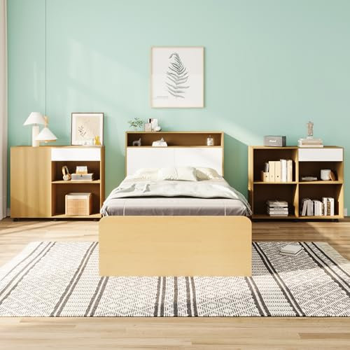Juego completo de dormitorio juvenil, cama individual + armarios, cama juvenil, cama de panel con 4 cajones, 2 armarios con ruedas en el suelo, tablero de fibra de densidad media + tablero de