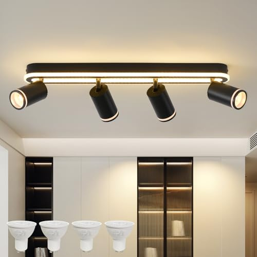 MYCUL Deckenstrahler 4 Flammig 36W+4x5W GU10 Spots,3000K Warmweiß,schwarz | Schwenkbar 350°,Deckenstrahler mit unteres Glühen ,Deckenspot strahler,Modern Deckenlampe,Spotleuchte für Küche,Wohnzimmer