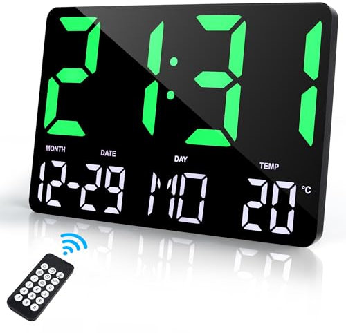 Lafocuse 12 LED Reloj de Pared Digital con Pantalla Grande, Silencioso Reloj Digital Sobremesa con Temperatura, Fecha, Alarma, Snooze, 12/24 Horas, Brillo Ajustable, para Salon Cocina Oficina, Verde