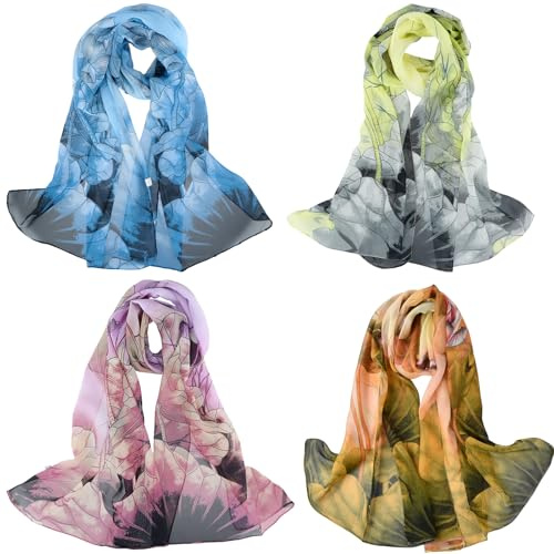 Wisebom 4 Pezzi Sciarpa Seta, Sciarpe da Donna Stampato Floreale Chiffon Signore Matrimoni Cerimonia Festa