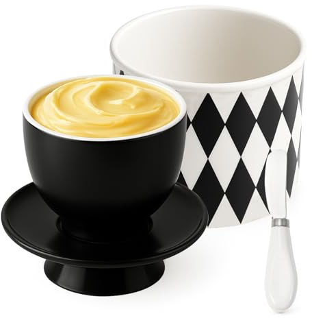 Butterdose Keramik, Butterglocke Keramik mit Buttermesser, Französische Butterdose mit Deckel, Butterdose Wassergekühlt mit Wasserlinie, Butterdose für Frische und Streichfähige Butter, Diamond Grid
