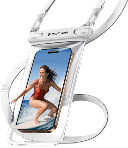 MAGIC JOHN wasserdichte Handyhülle, Wasserfeste Handytasche für iPhone 16/15/14/13 Pro Max, Verstellbare Lanyard Handytasche, für Urlaub Strand Pool Kajak Kreuzfahrt Reise Essentials,Weiß, 8 Zoll