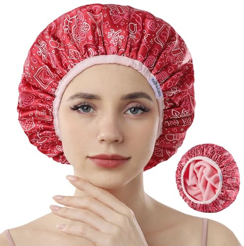 Years calm Frottee-gefütterte Duschhaube, dreilagig, Herzmotive, wasserdicht, wiederverwendbar, elastisch, Haar-Duschhaube für Damen, Frottee-Duschhauben für Spa, Reinigung, Reisen (Rot, Einheitsgröße