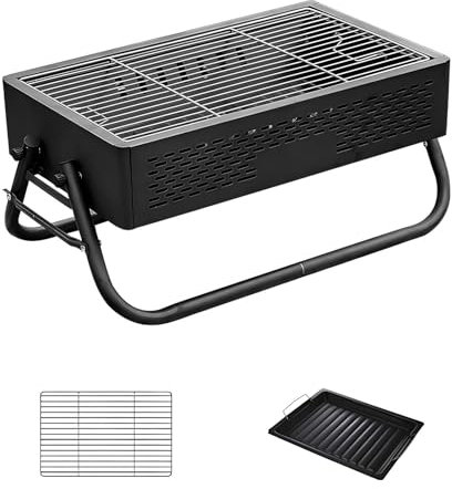 PQPQLI Portable Barbecue Grill Barbecue Au Charbon De Bois De Camping avec Pieds Pliables, Grille en INOX, Poêle À Frire pour 3 À 5 Personnes, 47 * 28.5 * 22.5cm(Black)