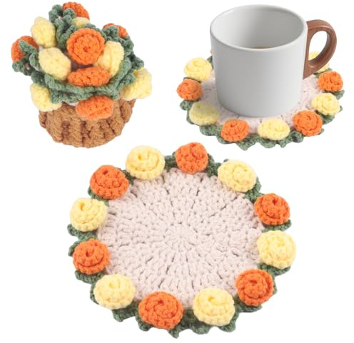 Fnaobai Handgefertigtes Häkel-Untersetzer-Set mit Mini-Korb - Boho-Blumen-Untersetzer für Couchtisch, Hochzeitsgeschenk, Einweihungsgeschenk, Geburtstag, Vintage-Rosen-Design (gelb)
