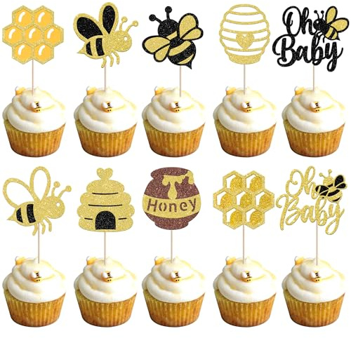 SYKYCTCY 30 Pack Bumble Bee Cupcake Toppers Glitter Bee Honeycomb Cupcake Food Picks Bee Theme Baby Shower Boys Girls Birthday Party Cake Decorations Supplies