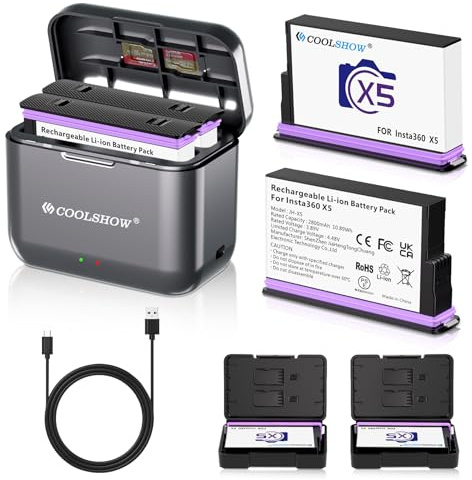 Coolshow 360 X5 Battery 2800 mAh (Pack of 2) with Protective Cases & Fast Dual X5 Charger and Storage Box Design for Batteries & SD Cards Compatible with Insta360 X5 Camera (2 Batteries + 1 Charger)