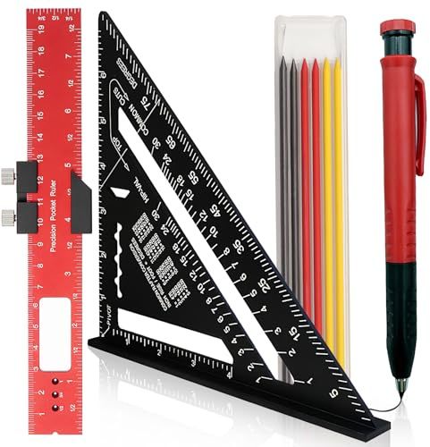 7 inch Speed Square, Carpenters Square Set Includes 20cm Slide Rule & Carpenter Pencil and 6 Refills, Precision Goniometer Woodworking Tools for Builders Engineer Drawing Writing
