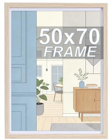 LYYYYX Bilderrahmen 50x70cm,Beige Holz,Entspiegeltes Acrylglas,1er Set | Großer Schmaler Dünner Holzrahmen,Horizontal & Vertikal Hängbar, für Fotos,Puzzles, Poster und Collagen