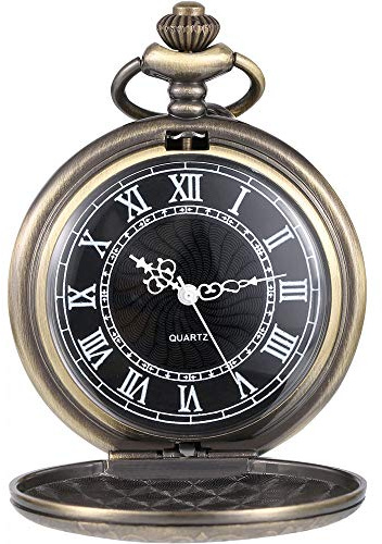 Reloj de Bolsillo de Cuarzo para Hombres con Esfera Negra y Cadena (Bronce)