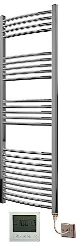 Greened House Electric Chrome 500W x 1400H Curved Towel Rail + Timer and Room Thermostat Bathroom Towel Rails
