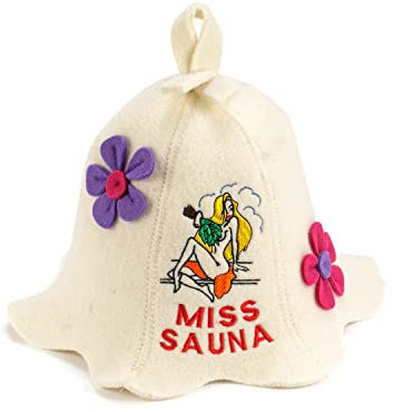 Natural Textile Sauna Hat 'Sauna Miss Flower' White/Grey - 100% Organic Wool Felt Hats for Russian Banya - Protect Your Head from Heat - English Sauna eBook Guide Included - with Embroidery