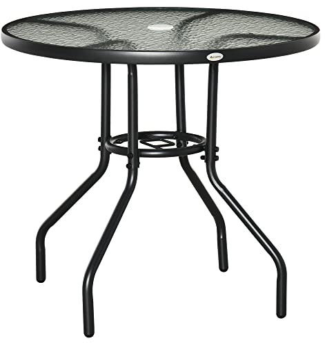 Outsunny Outdoor φ80cm Round Dining Table Tempered Glass Top Steel Frame Bistro Coffee End Side Table Garden w/Parasol Hole