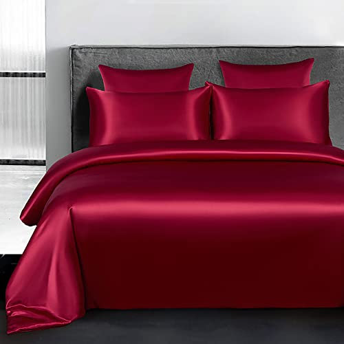 Omela Bettwäsche Satin 135x200 Weinrot Einfarbig Glatt Glänzend Bettbezug mit Reißverschluss 2 Teilig 100% Glanzsatin Polyester Sommerbettwäsche Set Kissenbezug 80x80 cm