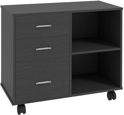 HOMCOM Support d'imprimante Organiseur Bureau Caisson 3 tiroirs + 2 niches + Grand Plateau Panneaux Particules Noir