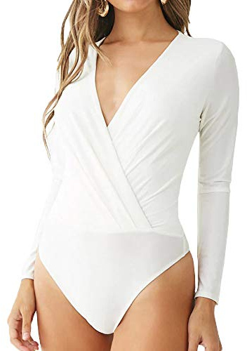 LINMON Women's Long Sleeve Bodysuit Surplice Ruched Plunge V Neck Stretchy Jumpsuit Leotards (A00 White, X-Large)