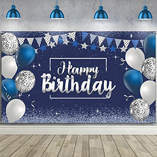Tatuo Happy Birthday Decorations Backdrop Banner, Glitter Birthday Backdrop Sign Poster Party Supplies Photo Background for Men Women, 72.8 x 43.3 Inch(Silver and Navy Blue)