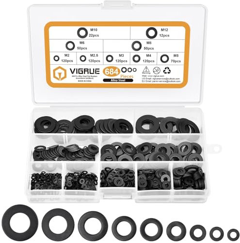 VIGRUE 684 Stück Flache Unterlegscheiben Set, Edelstahl Beilagscheiben Sortiment M2 M2.5 M3 M4 M5 M6 M8 M10 M12 (Schwarz)